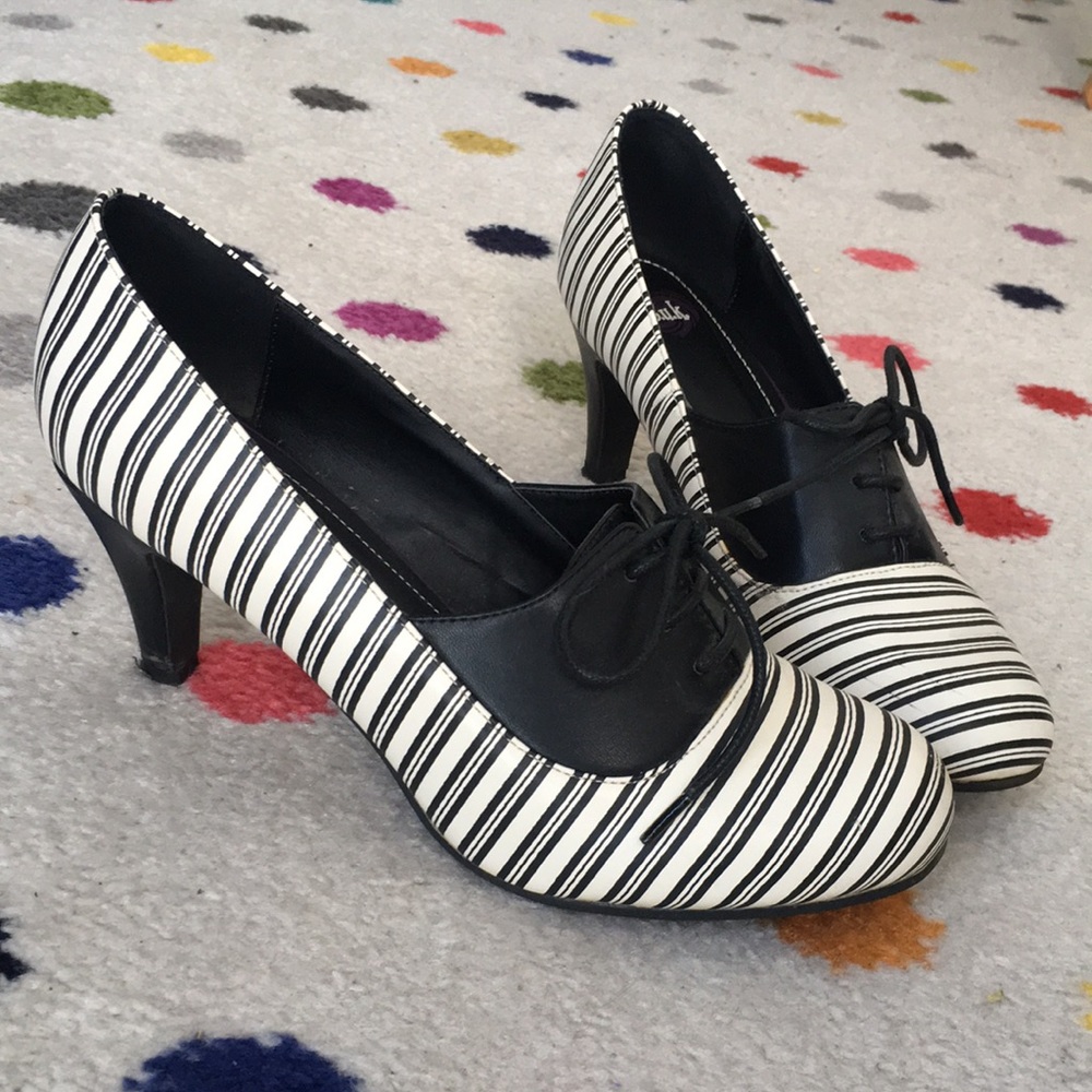 t.u.k. Black and White Striped Heels